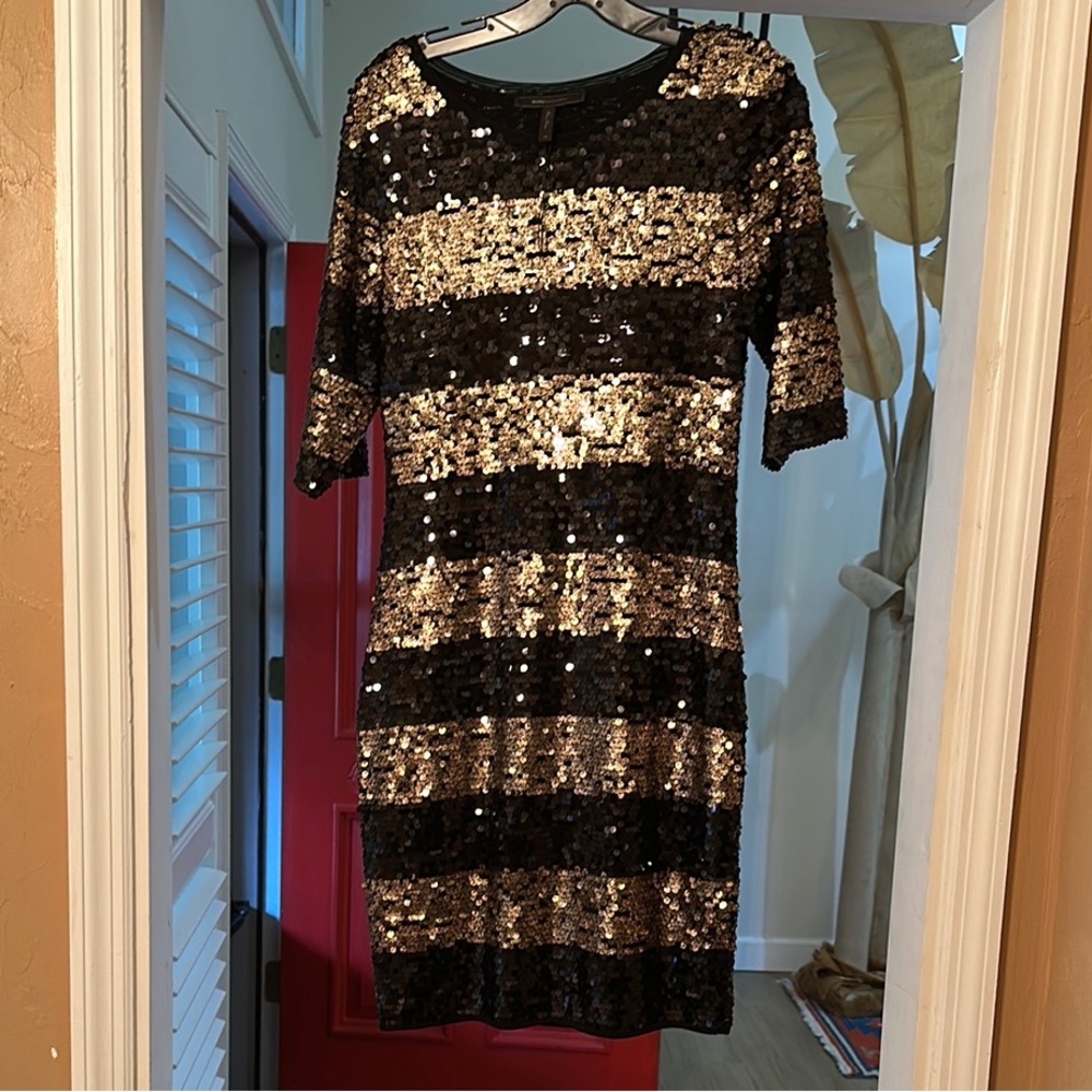 BCBGMaxAzria Black and Gold Sequin Sheath Mini Dress
